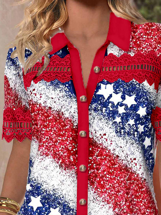 Women Short Sleeve V-neck Striped Printed Graphic Lace Hollow Stitching Button Tops