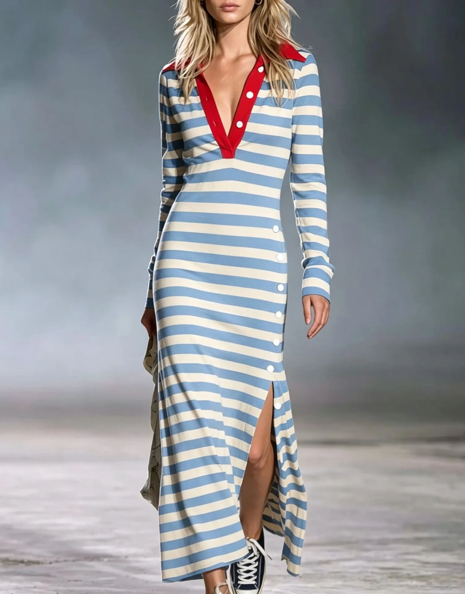 Women's Striped Polo Collar Long Maxi Dress
