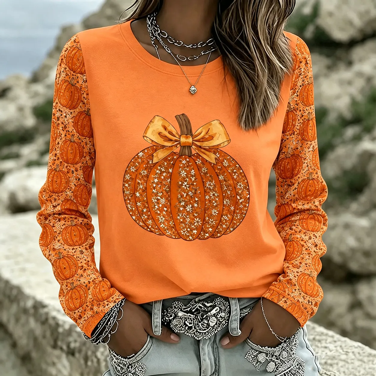 Women's Autumn Pumpkin Rhinestone Pattern Casual T-shirt artswardrobe