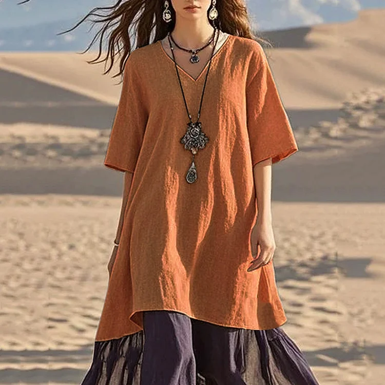 Simpfit Gemütliches Maxikleid aus Nachahmung aus Nachahmung aus Baumwolle und Leinen mit Farbblockdesign im Vintage-Stil
