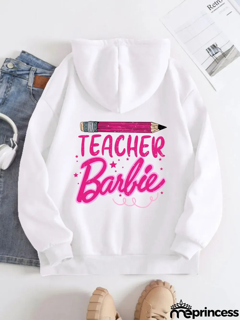 Printed on the Back Kangaroo Pocket Hoodie Long Sleeve for Women Pattern Teacher Barbie