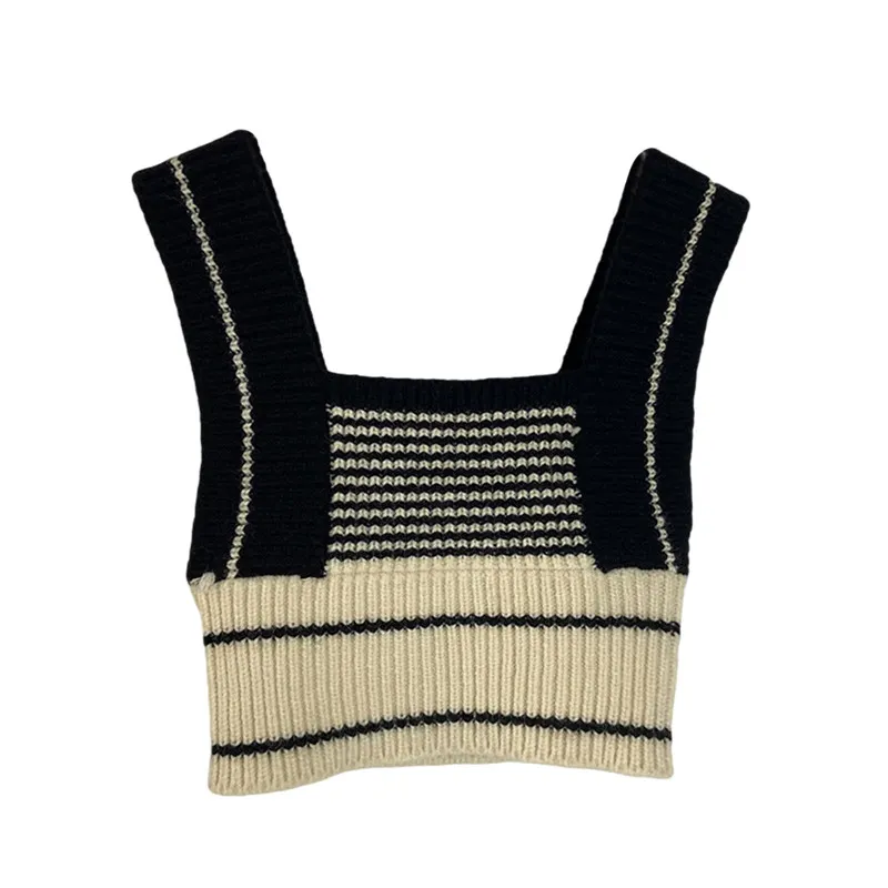 Womens Autumn Fashion Knitted Vest Loose Patchwork Sweater Vintage Square Neck Sleeveless
