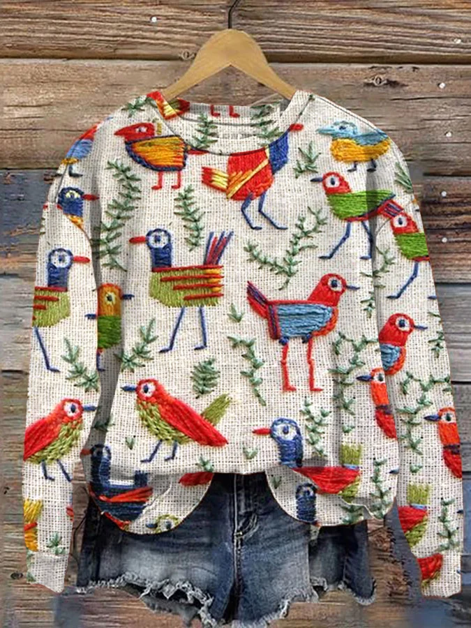 Women's Multicolor Birds Boho Embroidery Art Print Sweatshirt