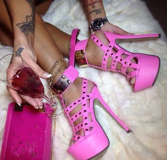 VCSHOES Woman Pink Leather 16 CM Stiletto Heels Rivets Platform Sandals Ladies Metal Circle Night Club Party Sandals