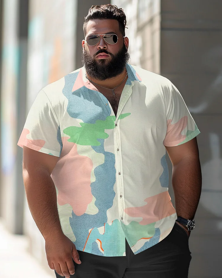 Men's Plus Size Casual Irregular Color Block Printed Button-Up Short Sleeve Shirt