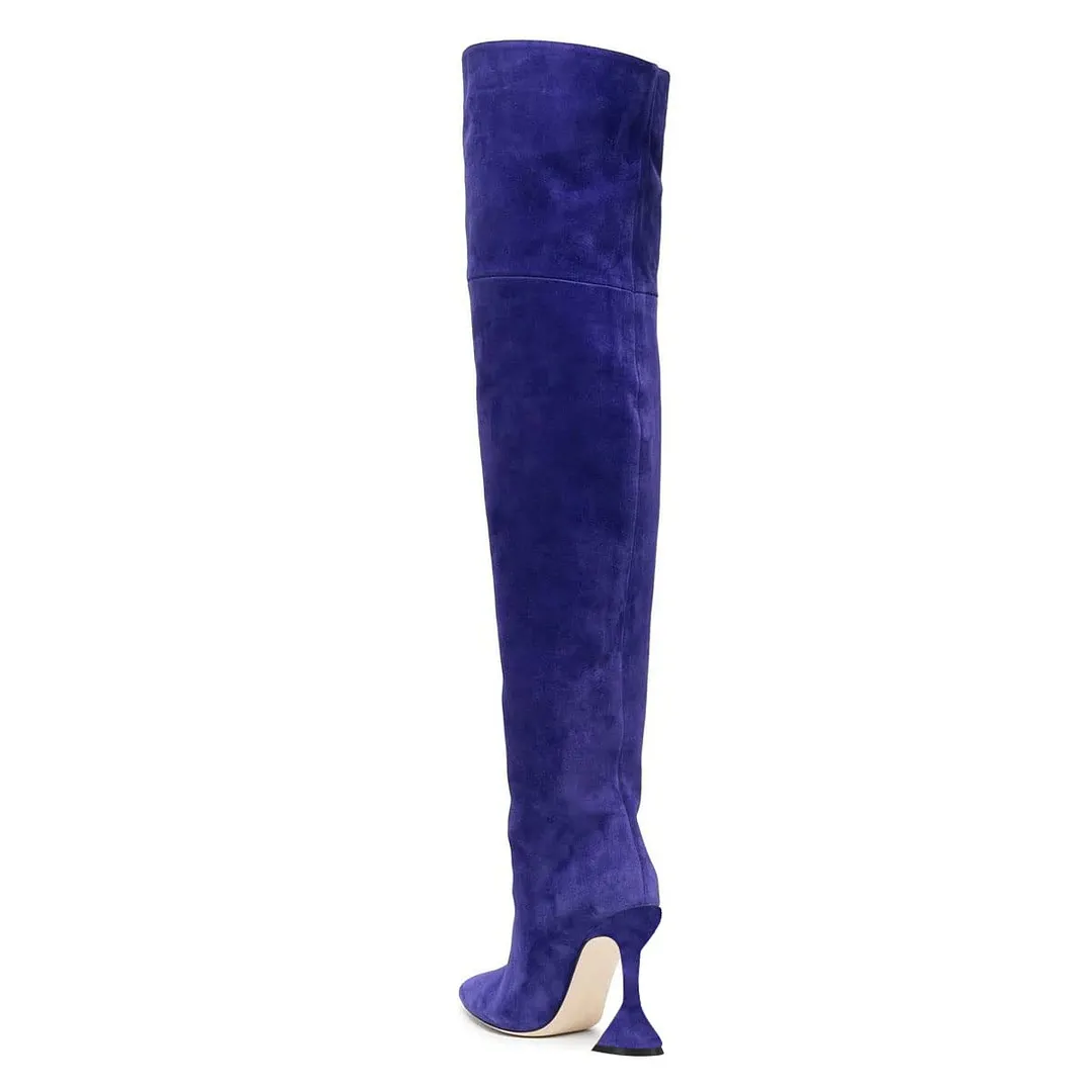 Pointed Toe Flared Heel Over The Knee Vegan Suede Boots in Blue