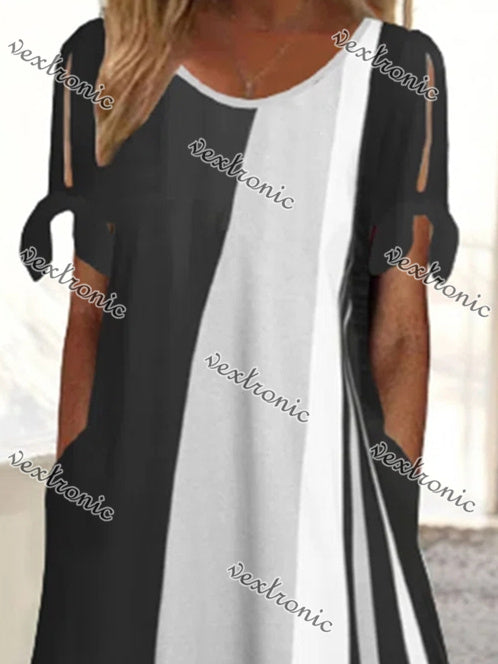 Women Half Sleeve V-neck Solid Color Dress