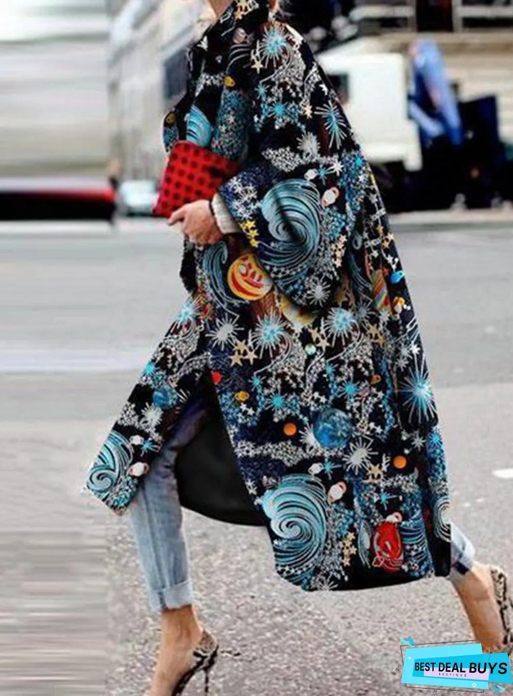 Long Flared Sleeve Printed Loose Coat