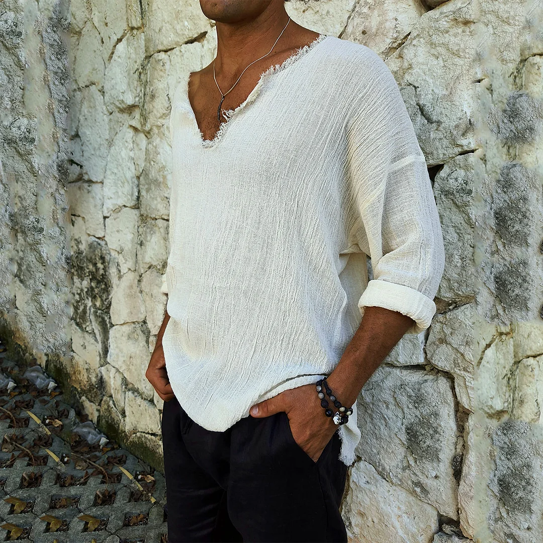 Men's V-neck Linen Long Sleeve Shirt-inspireuse