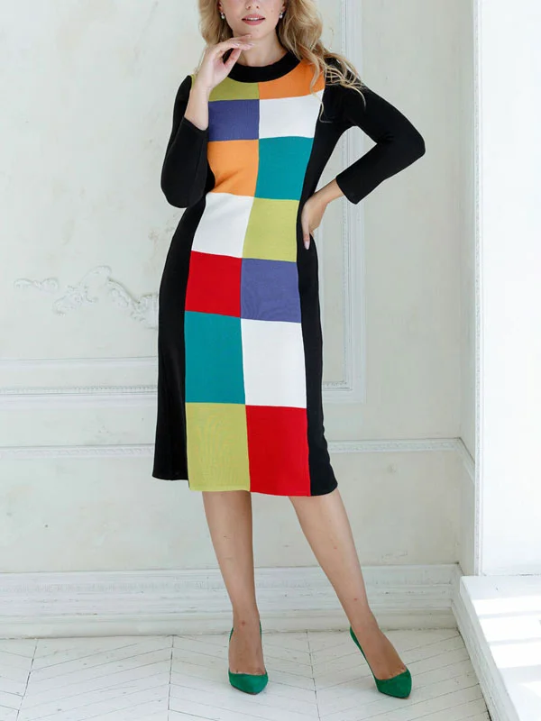 Color blocking plaid straight women's dress