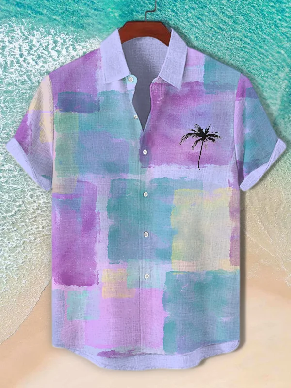Men's Vacation Color Block Coconut Tree Print Shirt