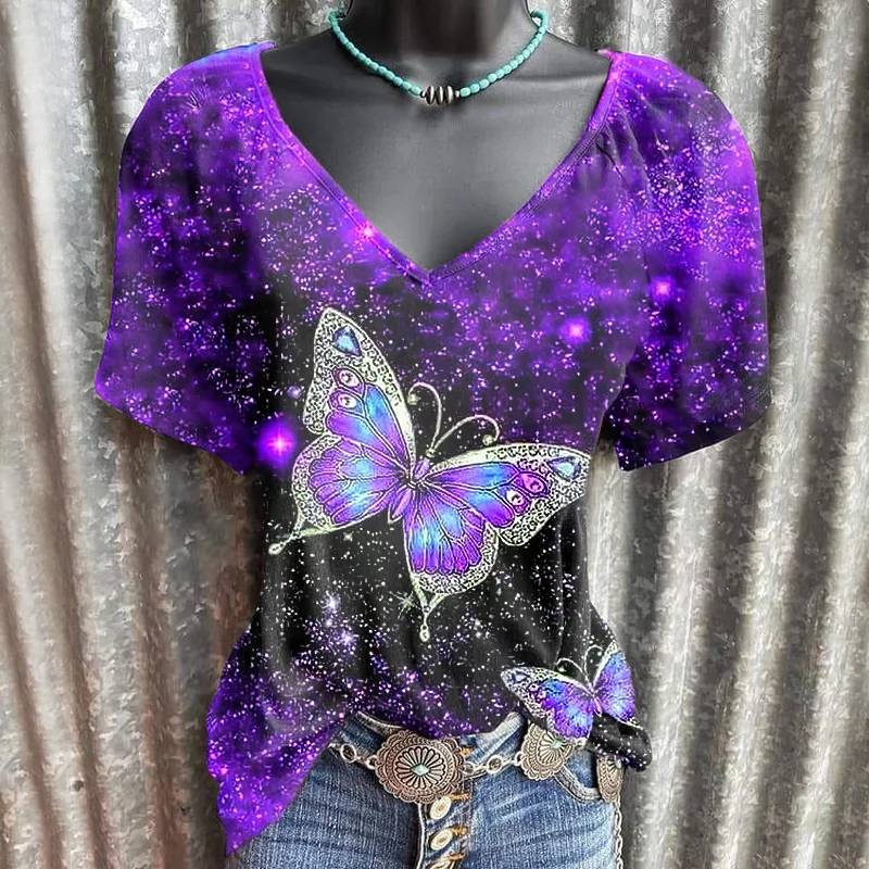 Fashionable comfortable V-neck butterfly graphic tees