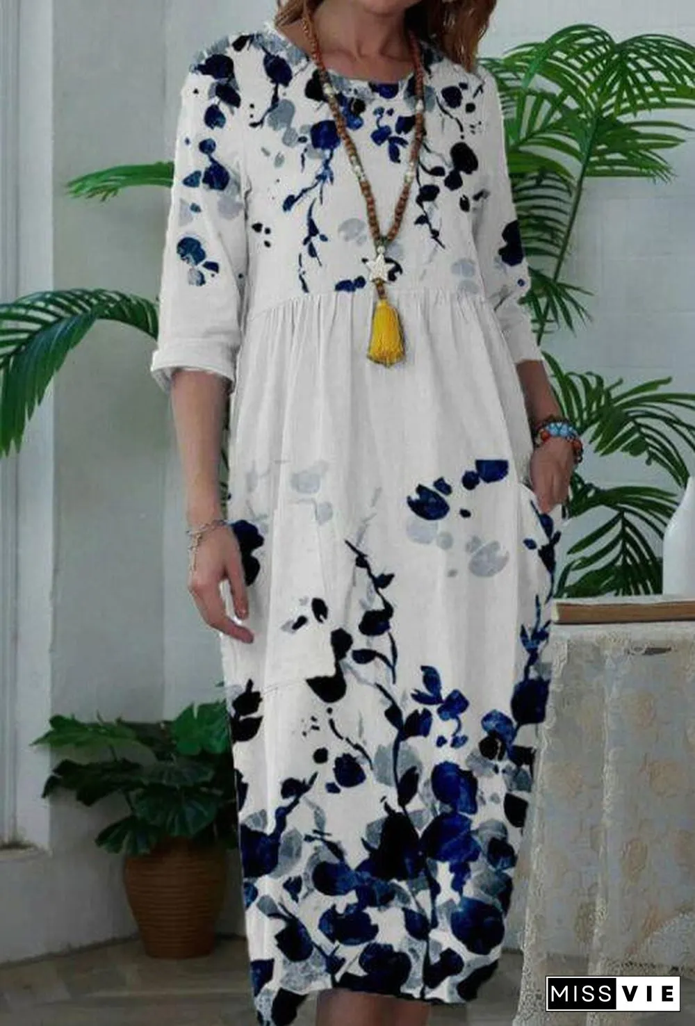 White Pullover Loose Blue Pattern Dress