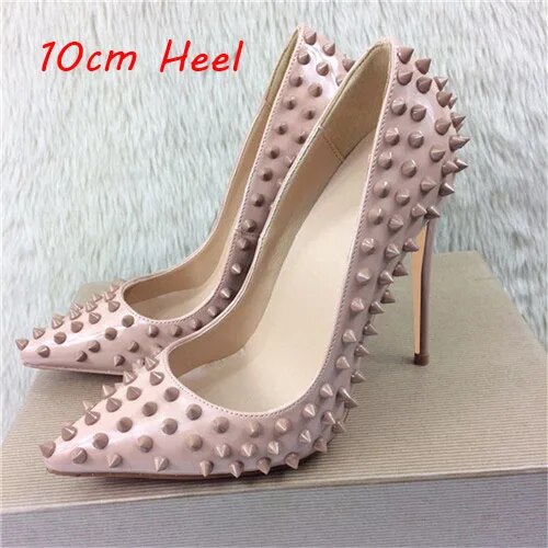 VCshoes Nude 12cm High Heeled Shoes Women Pointed Toe Rivet Shoes Women Exquisite Ladies Party Shoes MD008