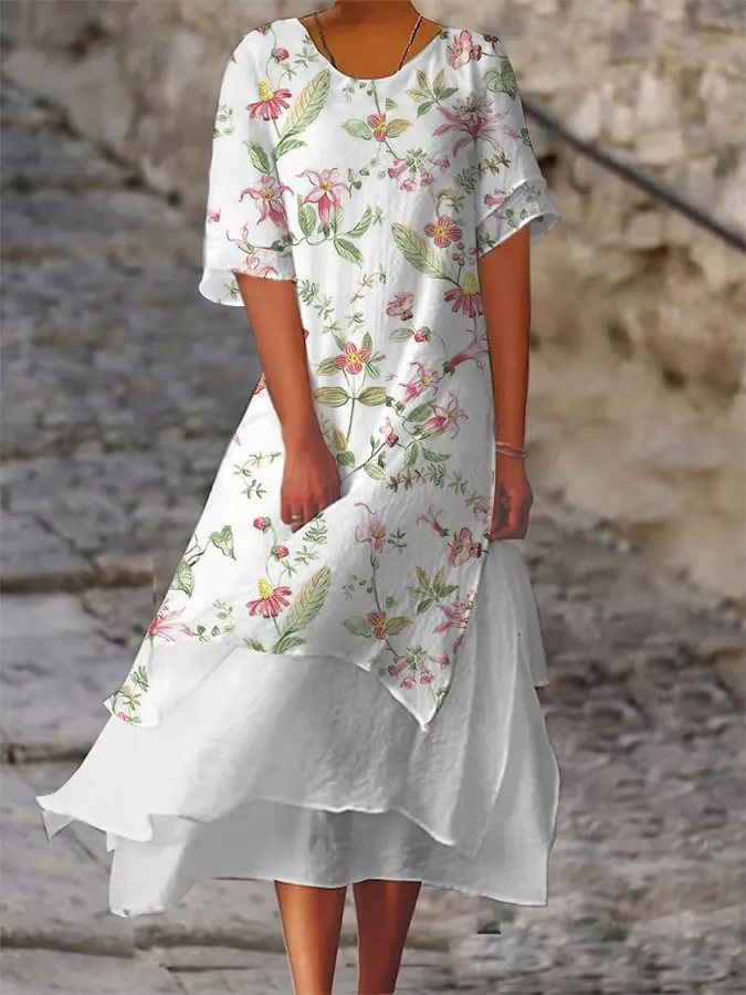 Women's Double Layer Color Block Floral Print Design Slit Short Sleeve Round Neck Dress