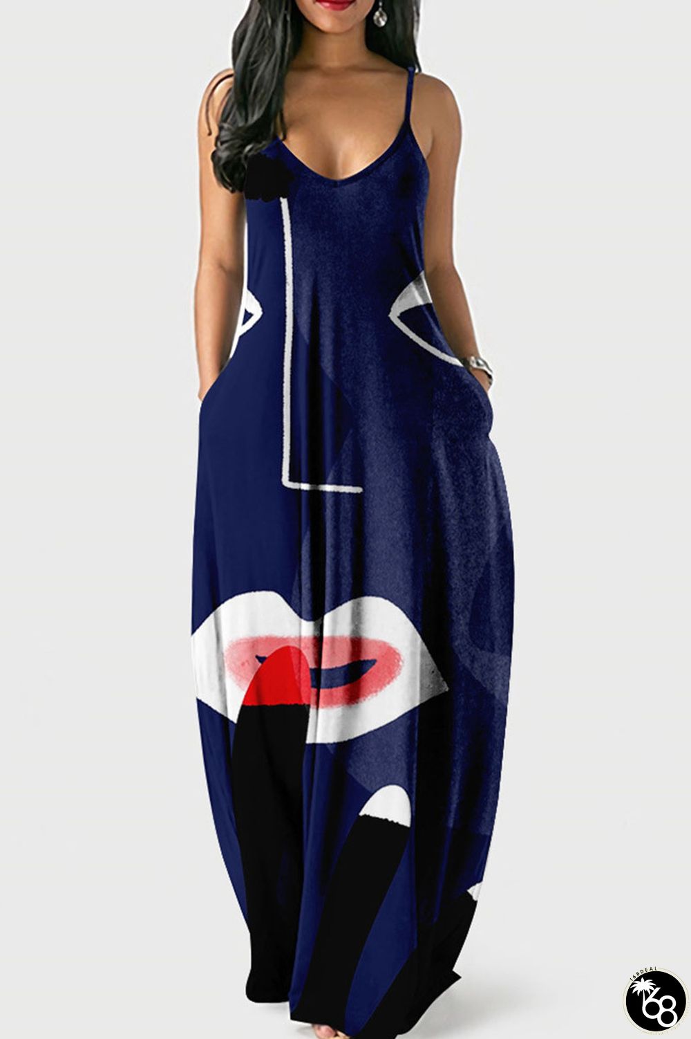 Dark Blue Casual Print Patchwork Spaghetti Strap Sling Dress Dresses | 168DEAL