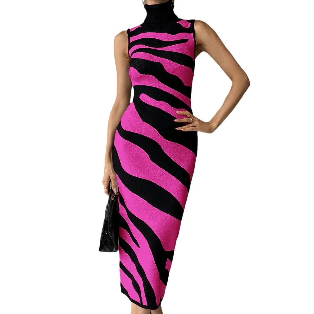 Nigikala Nigikala High-Neckless Sleeveless Striped Bag-Butyle Slimmed Sexy Knitted Dress Woman