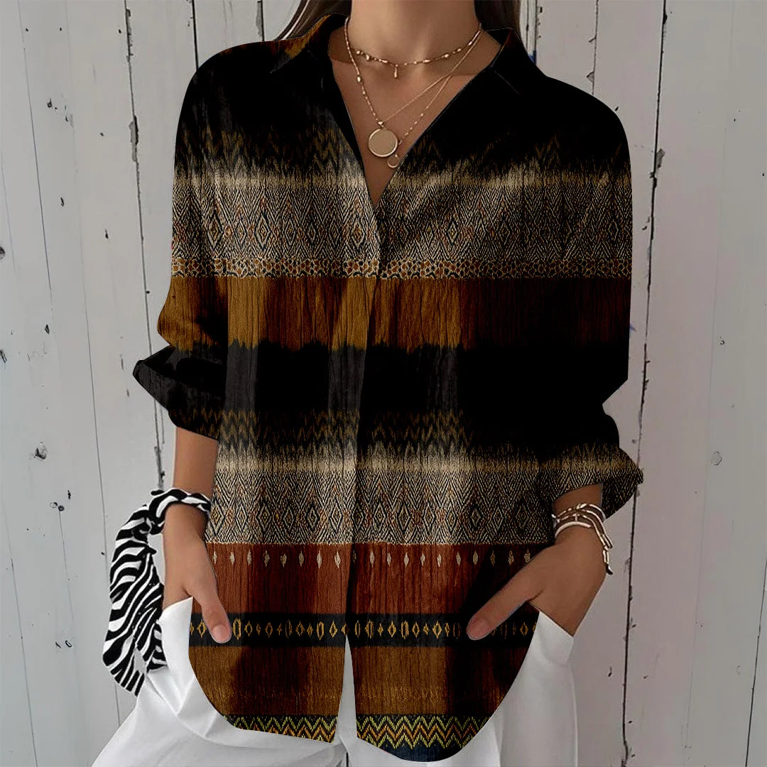Style & Comfort for Mature Women Women Striped, Brown, Black DZCL0330 3/4 Sleeve Shirt Collar Printed Button Tops