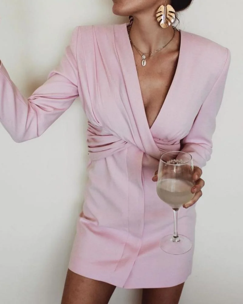 Pink V-neck Blazer Single-breasted Mini Dress