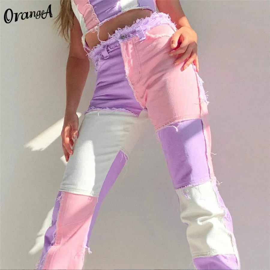 OrangeA Summer Women Denim Striped Patchwork Street Casual Hip Hop High Waist Loose Straight Jeans Pants Mujer Fashion Trousers