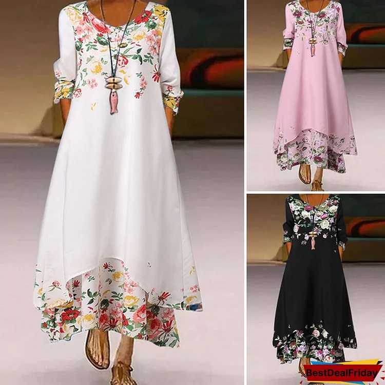 Women's Fashion Long Sleeve Floral Dress Double Layer Loose Long Dress