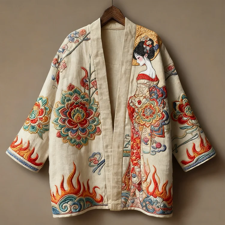 Oriental mural three-dimensional embroidered linen kimono cardigan