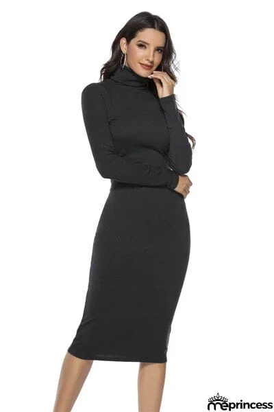 Ribbed Turtleneck Long Sleeve Dress
