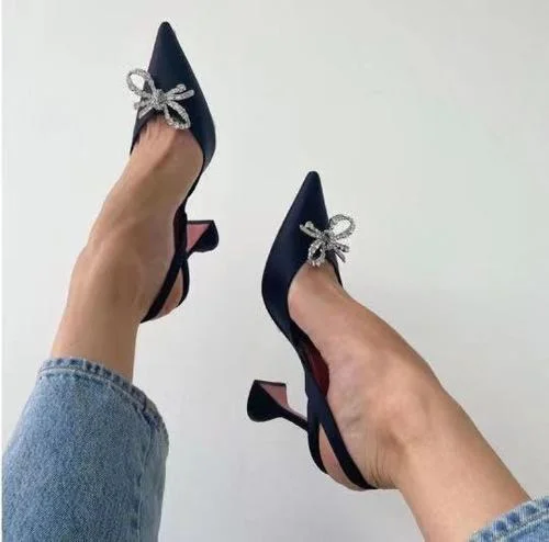 2021summer New Stiletto Heel Pointed Toe Strap High-Heeled Sandals Women's Rhinestone Bow Pumps