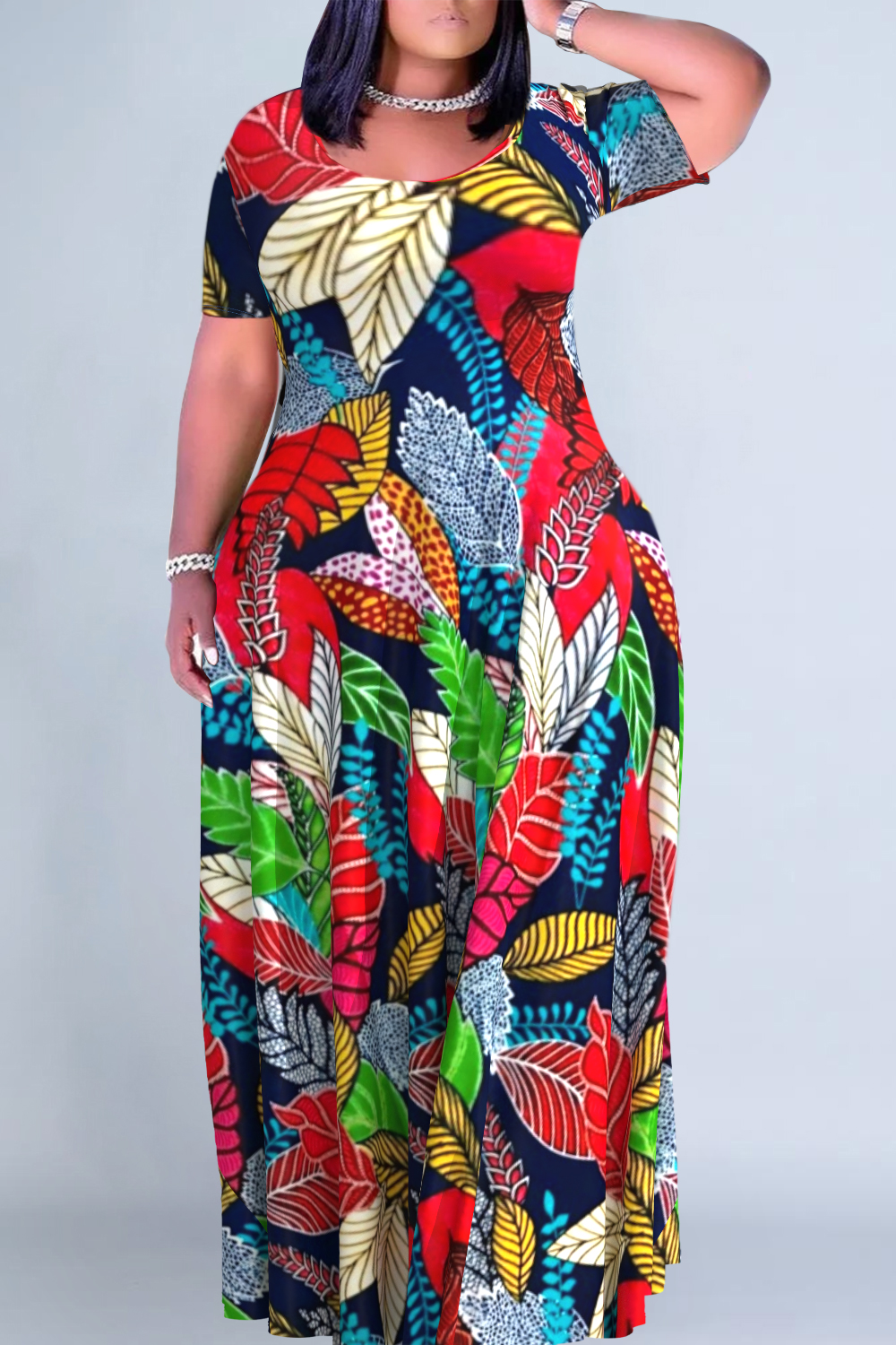 Plus Size Casual Multicolor Leaf Print Round Neck Short Sleeve Maxi Dress [Pre-Order]