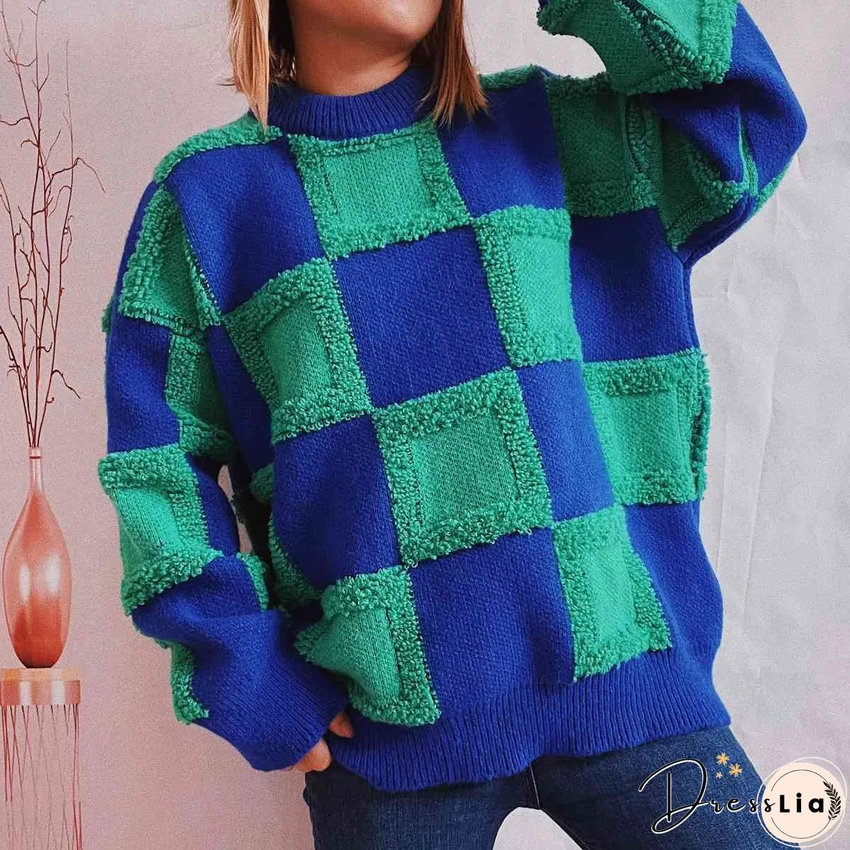 Checkered Round Neck Long Sleeve Sweater