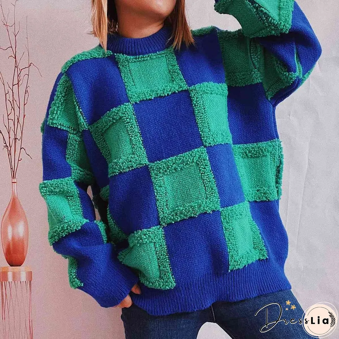 Checkered Round Neck Long Sleeve Sweater