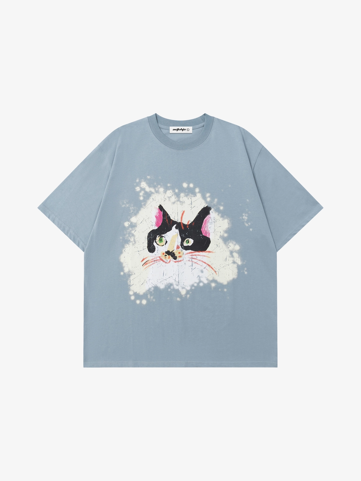 Blue Act Chic Playful Hand Drawn Cat Print Tee Front