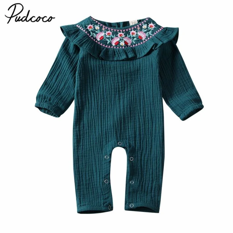 2020 Baby Spring Autumn Clothing Newborn Kid Baby Girl Clothes Flower Embroidery Ruffle Romper Jumpsuit Long Sleeve Outfit