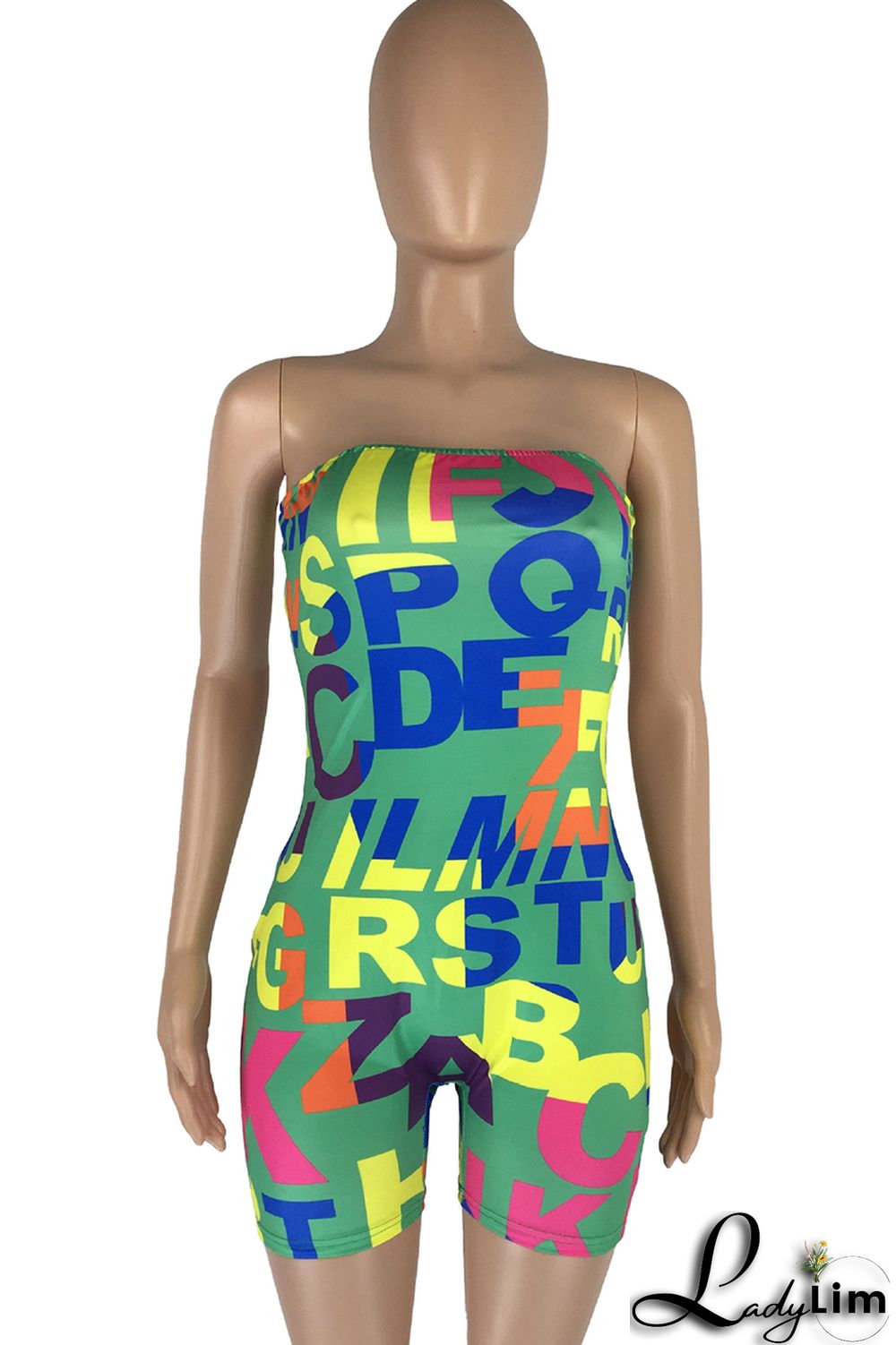 White Fashion Sexy Letter Print Backless Strapless Skinny Romper