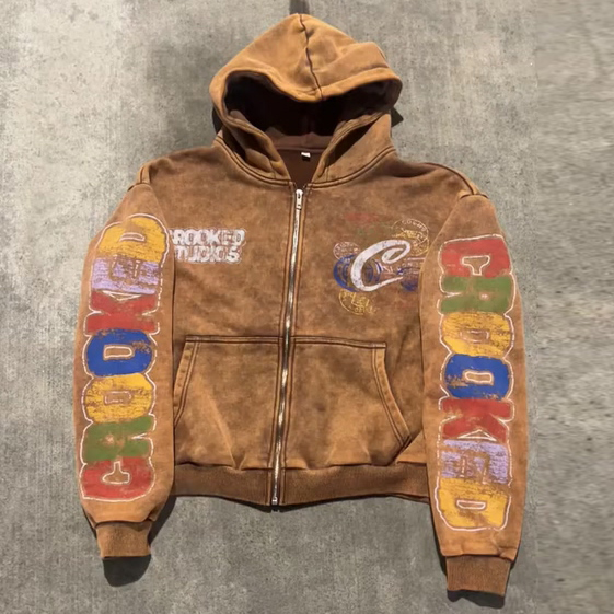 Vintage distressed print zip-up hoodie