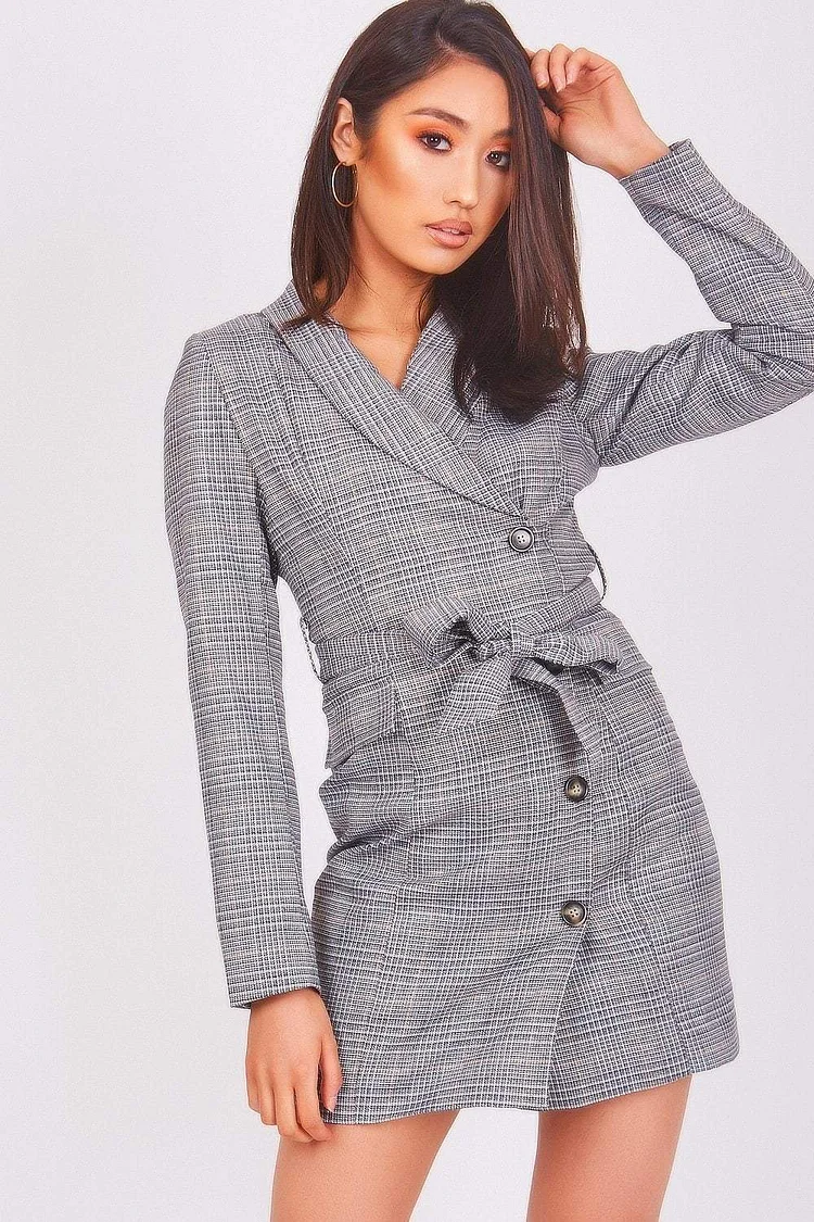 Grey Checkered Mini Blazer Dress Katch Me