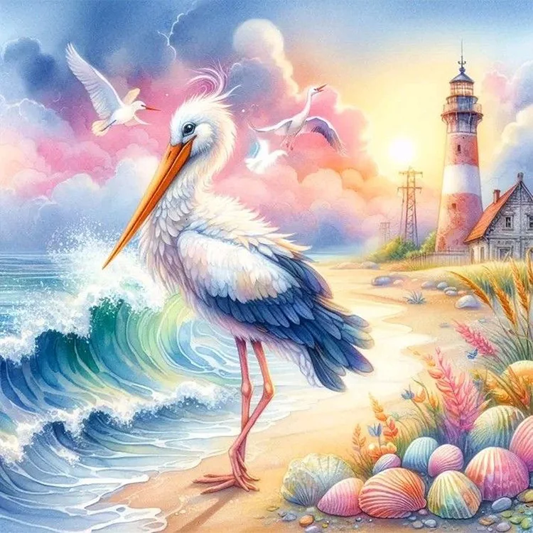 Egret At Lighthouse By The Sea 40*40CM (Canvas) Full Round Drill Diamond Painting gbfke