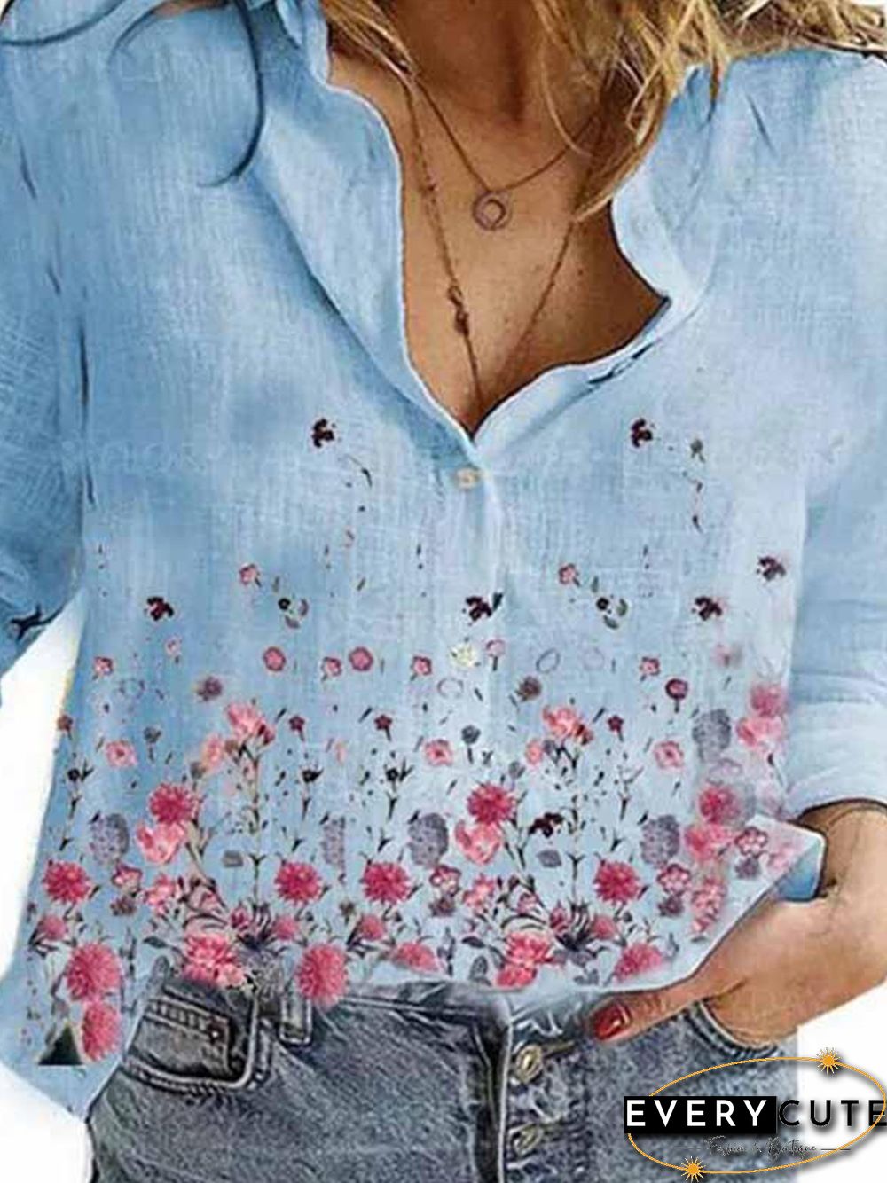 Vintage Plus Size Long Sleeve Statement Floral Printed Casual Shirt Tops