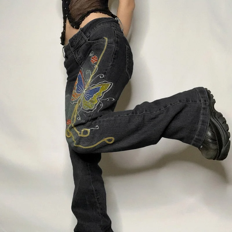 Retro Butterfly Print Y2K Denim Jeans Low Waisted Grunge Vintage Cargo Trousers Fairycore Harajuku Fashion Pants Cuteandpsycho