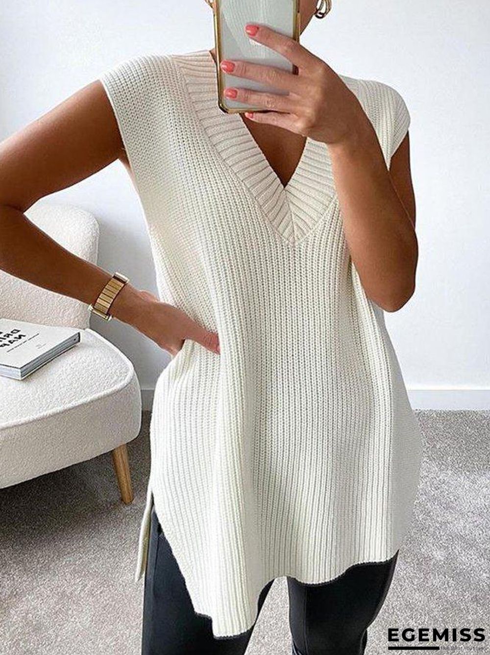 Casual Knitted Floral-Print Solid Sweater | EGEMISS