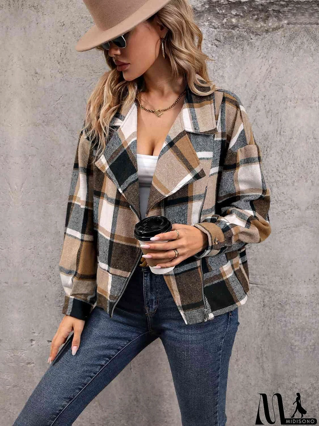 MidiSono - Plaid Collared Neck Long Sleeve Jacket