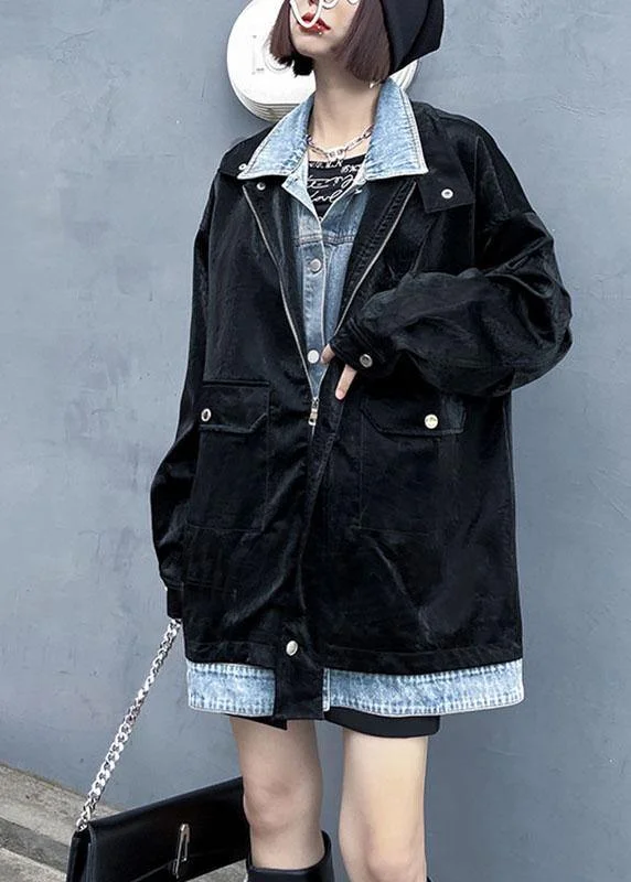 Fashion Black Pockets Patchwork Button Fall Long Sleeve Coat