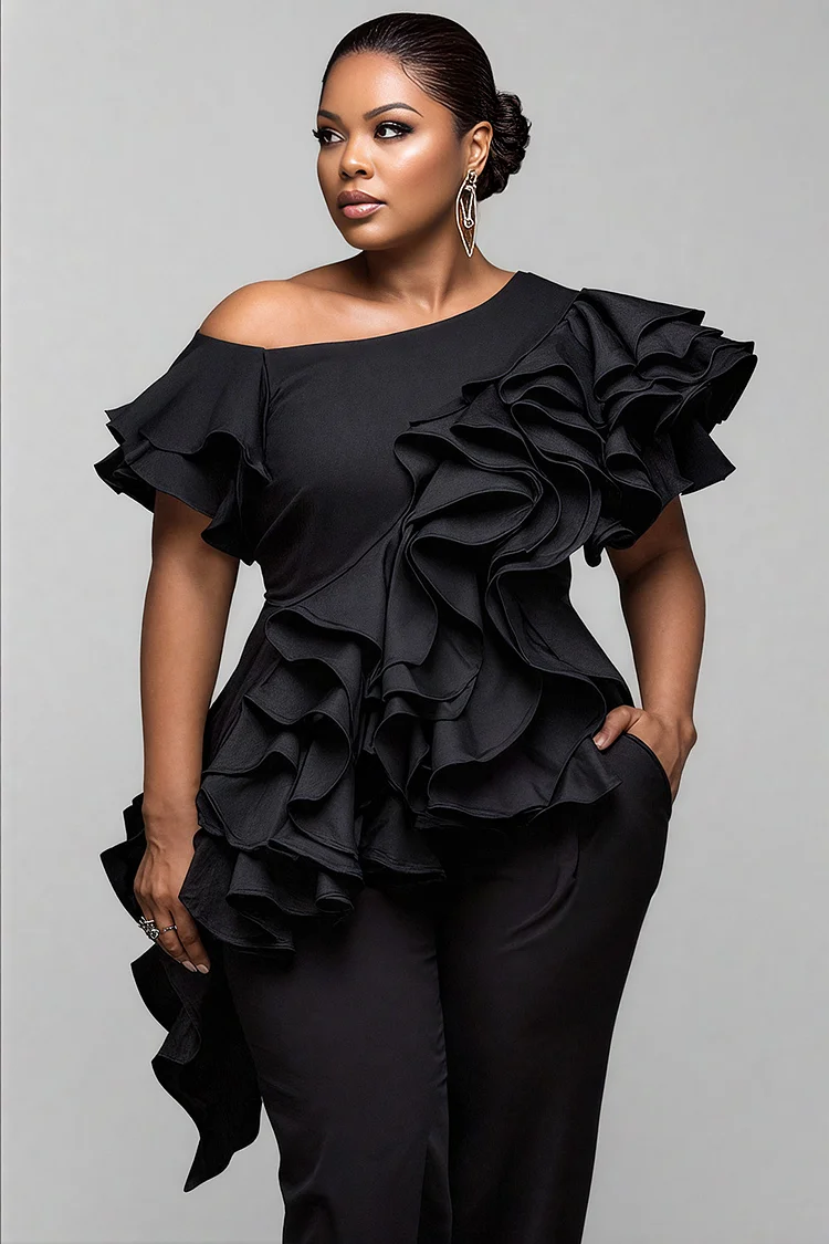 Xpluswear Design Plus Size Daily Black Oblique Collar Short Sleeve Ruffle Casual Asymmetric Hem Blouses 2024 - Xpluswear