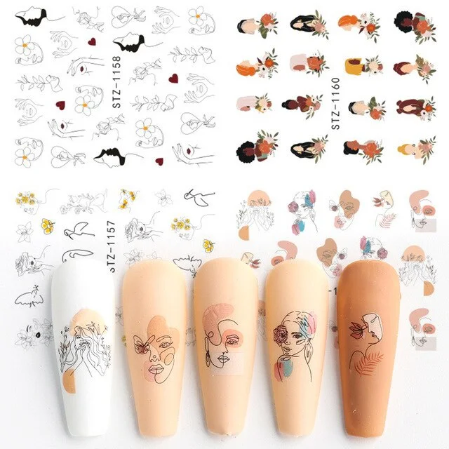 Nail Stickers Water Transfer Summer Dried Flowers Lady Designs 4Pcs/Set Nail Decal Decoration Tips For Beauty Salons