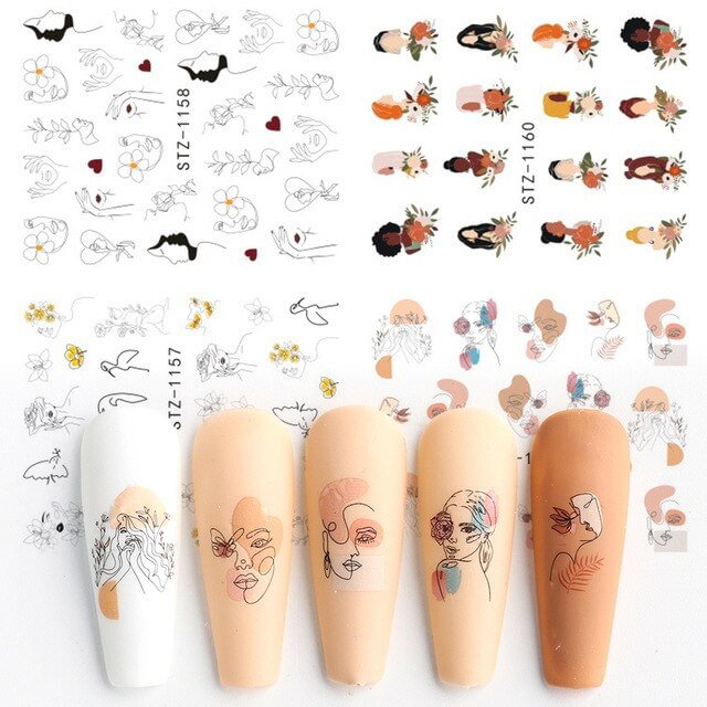 Nail Stickers Water Transfer Summer Dried Flowers Lady Designs 4Pcs/Set Nail Decal Decoration Tips For Beauty Salons