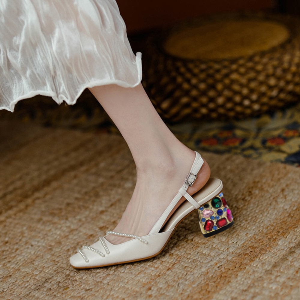 White Square Toe Decorative Heel Slingback Pumps with Pearl Nicepairs