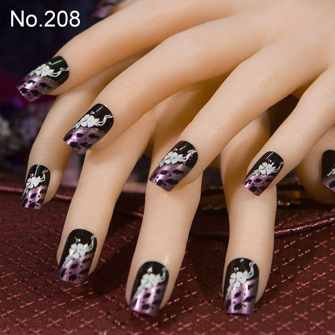 Fashion 24pc/set 10 Sizes Fake Nails Full Cover French False Nail Tips With Double-Sided Nail Adhesive Sticker 208