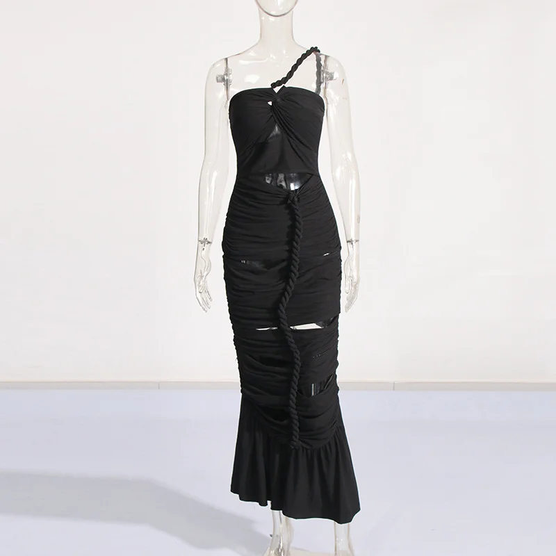 Brownm Spring 2025 New One-Shoulder Hollow Design Folds Slimming Bandages Dress Dress