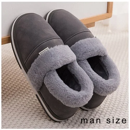 Winter Slippers Men Waterproof PU Leather Slippers Platform Velvet Fur Slippers Warm Home Slippers for Men Soft Comfy Shoes Male