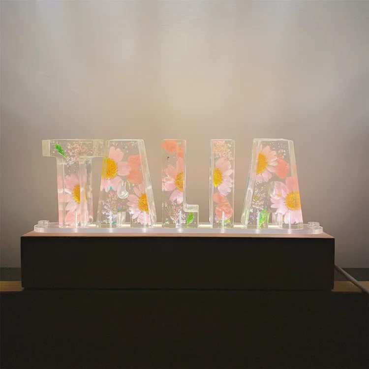 Personalized Dried Flowers Night Light Real Flower Resin LED Lamp Custom 6 Letters